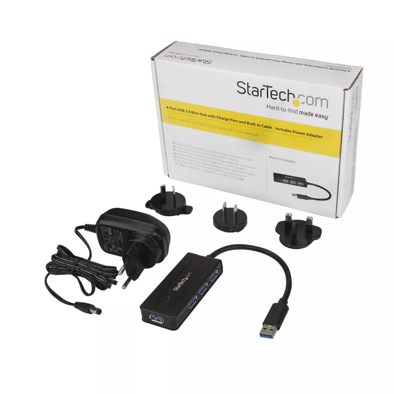 StarTech.com 4 prievadų USB 3.0 šakotuvas (SuperSpeed 5Gbps) su greitu įkrovimu – nešiojamas USB 3.2 Gen1 Type-A šakotuvas nešiojamam/stacionariam kompiuteriui – maitinamas iš USB arba iš tinklo – mini/kompaktiškas