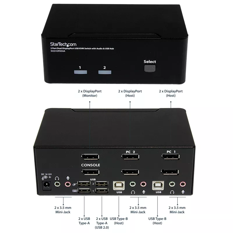 StarTech.com 2 prievadų dvigubas DisplayPort USB KVM jungiklis su garsu ir USB 2.0 šakotuvu