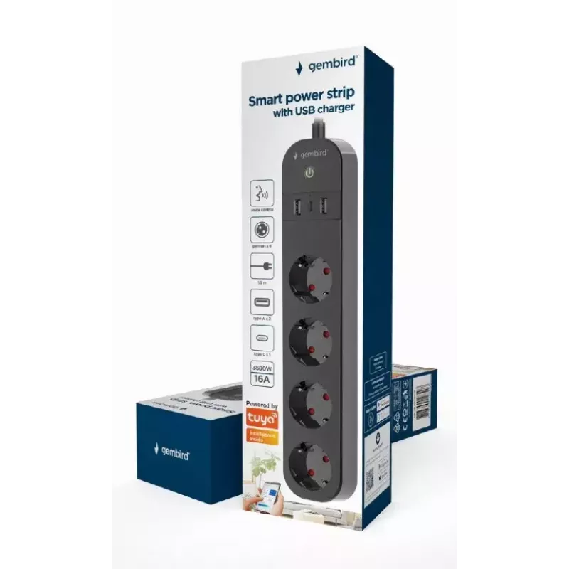 Gembird TSL-PS-S4U-01 išmanusis 4 lizdų ilgintuvas su USB