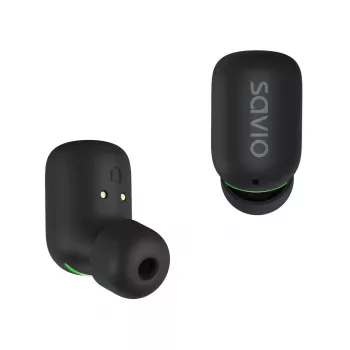 Belaidės ausinės į ausis SAVIO TWS-09 — Bluetooth 5.1, binauralinės, 20–20000 Hz, 8 h pokalbių laikas, maitinimo dėklas, USB-C įkrovimas, juodos
