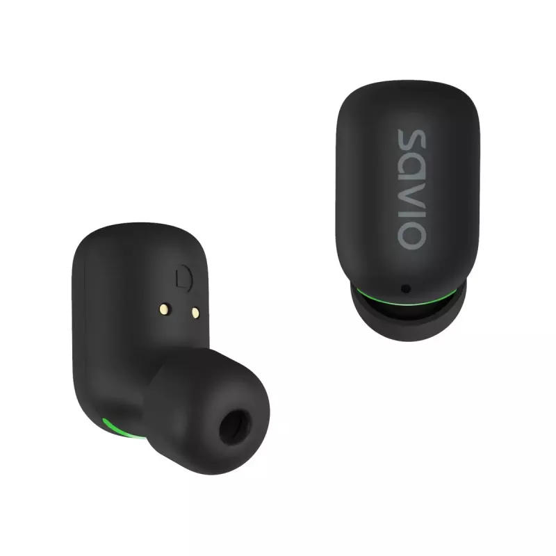 Belaidės ausinės į ausis SAVIO TWS-09 — Bluetooth 5.1, binauralinės, 20–20000 Hz, 8 h pokalbių laikas, maitinimo dėklas, USB-C įkrovimas, juodos