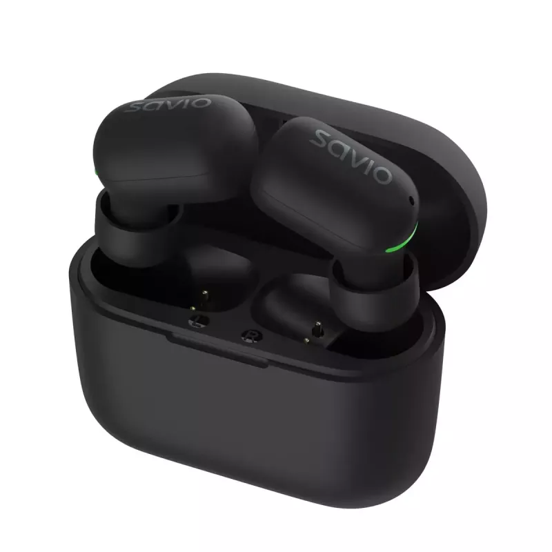 Belaidės ausinės į ausis SAVIO TWS-09 — Bluetooth 5.1, binauralinės, 20–20000 Hz, 8 h pokalbių laikas, maitinimo dėklas, USB-C įkrovimas, juodos