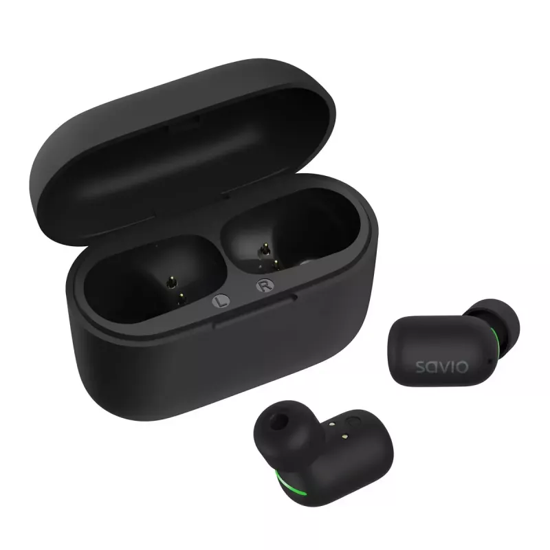 Belaidės ausinės į ausis SAVIO TWS-09 — Bluetooth 5.1, binauralinės, 20–20000 Hz, 8 h pokalbių laikas, maitinimo dėklas, USB-C įkrovimas, juodos