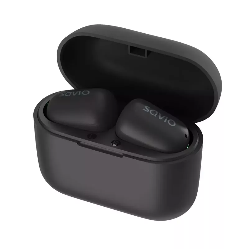 Belaidės ausinės į ausis SAVIO TWS-09 — Bluetooth 5.1, binauralinės, 20–20000 Hz, 8 h pokalbių laikas, maitinimo dėklas, USB-C įkrovimas, juodos