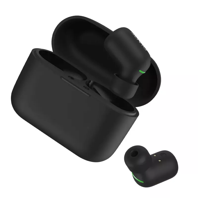 Belaidės ausinės į ausis SAVIO TWS-09 — Bluetooth 5.1, binauralinės, 20–20000 Hz, 8 h pokalbių laikas, maitinimo dėklas, USB-C įkrovimas, juodos