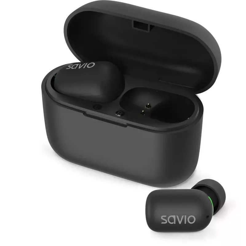 Belaidės ausinės į ausis SAVIO TWS-09 — Bluetooth 5.1, binauralinės, 20–20000 Hz, 8 h pokalbių laikas, maitinimo dėklas, USB-C įkrovimas, juodos