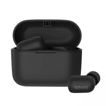 Belaidės ausinės į ausis SAVIO TWS-09 — Bluetooth 5.1, binauralinės, 20–20000 Hz, 8 h pokalbių laikas, maitinimo dėklas, USB-C įkrovimas, juodos