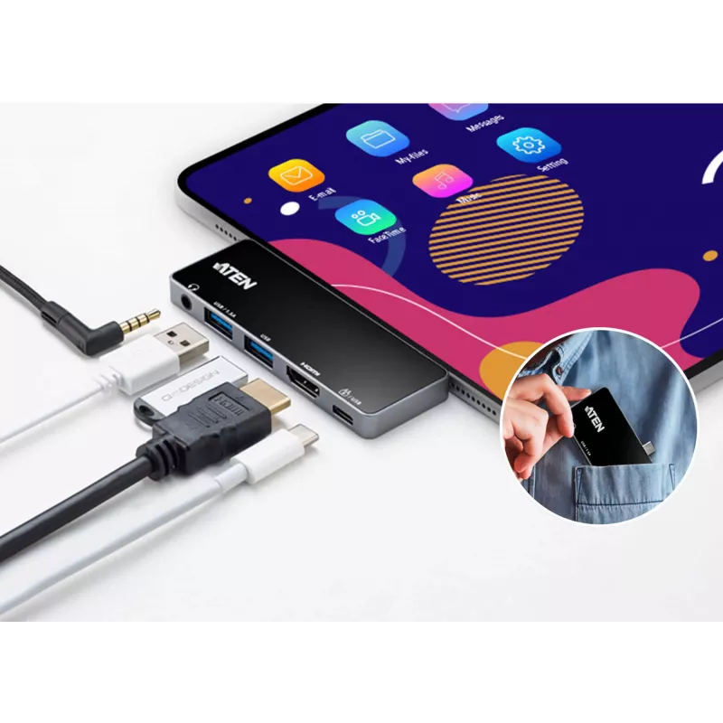ATEN USB-C kelioninis dokas su maitinimo perdavimu, universalus, USB Type-C, juodas, sidabrinis