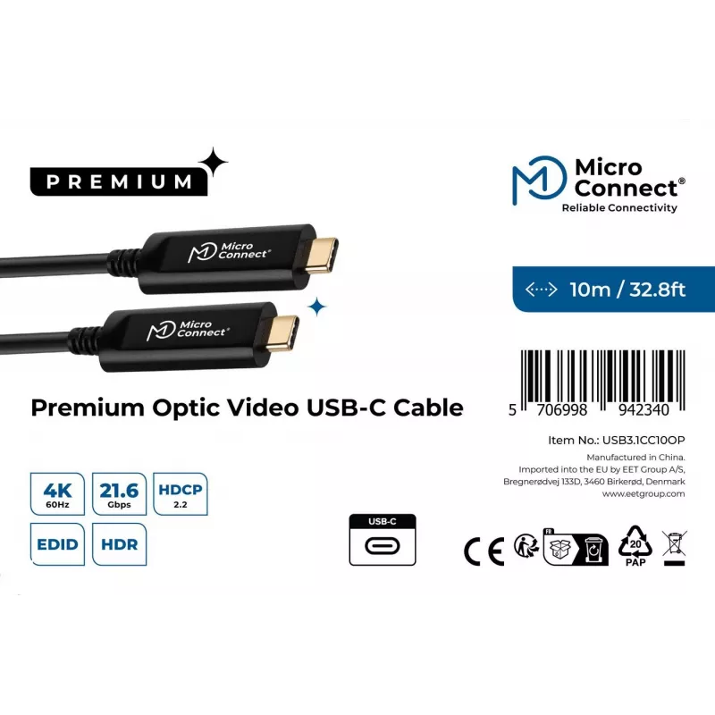MicroConnect USB3.1CC10OP USB-C laidas 10 m, USB 3.2 Gen 1, juodas