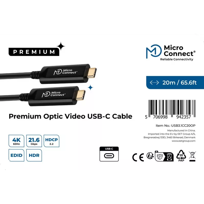 MicroConnect USB3.1CC20OP USB-C aktyvus šviesolaidinis kabelis 20 m, USB 3.2 Gen 2, juodas