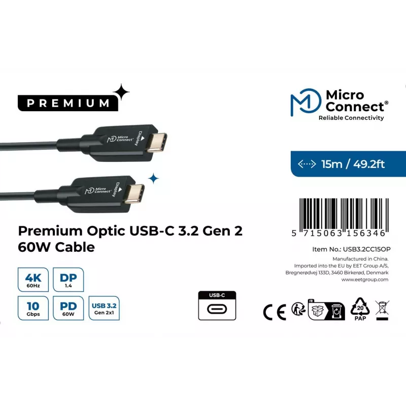 USB C laidas MicroConnect USB3.2CC15OP 15 m juodas 10 Gbit/s