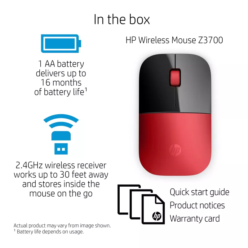 HP Z3700 belaidė pelė raudona, ambidekstrinė, optinė, RF belaidė, 1200 DPI, raudona