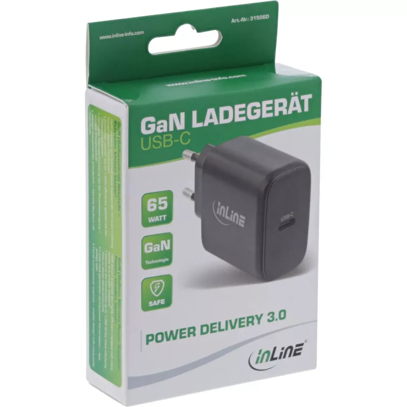 InLine USB PD maitinimo šaltinis, GaN įkroviklis, vienas USB-C, Power Delivery, 65W