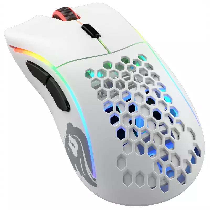 Glorious Gaming Glorious Model D Wireless – belaidė žaidimų pelė, matinė balta, dešiniarankiams, RF belaidis ryšys, 19000 DPI, balta