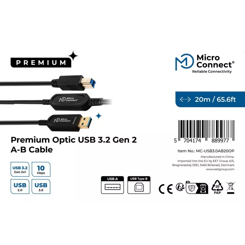 Microconnect MC-USB3.0AB20OP aktyvus optinis USB laidas 20 m USB 3.2 Gen 2 USB A – USB B juodas
