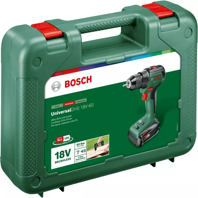 Bosch UniversalDrill 18V-60 gręžtuvas su šepetėliu varikliu, 1900 RPM, be rakto griebtuvas, 1,3 kg, juodas, žalias