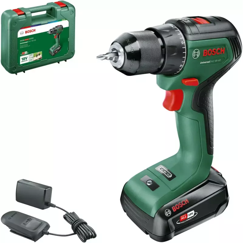 Bosch UniversalDrill 18V-60 gręžtuvas su šepetėliu varikliu, 1900 RPM, be rakto griebtuvas, 1,3 kg, juodas, žalias
