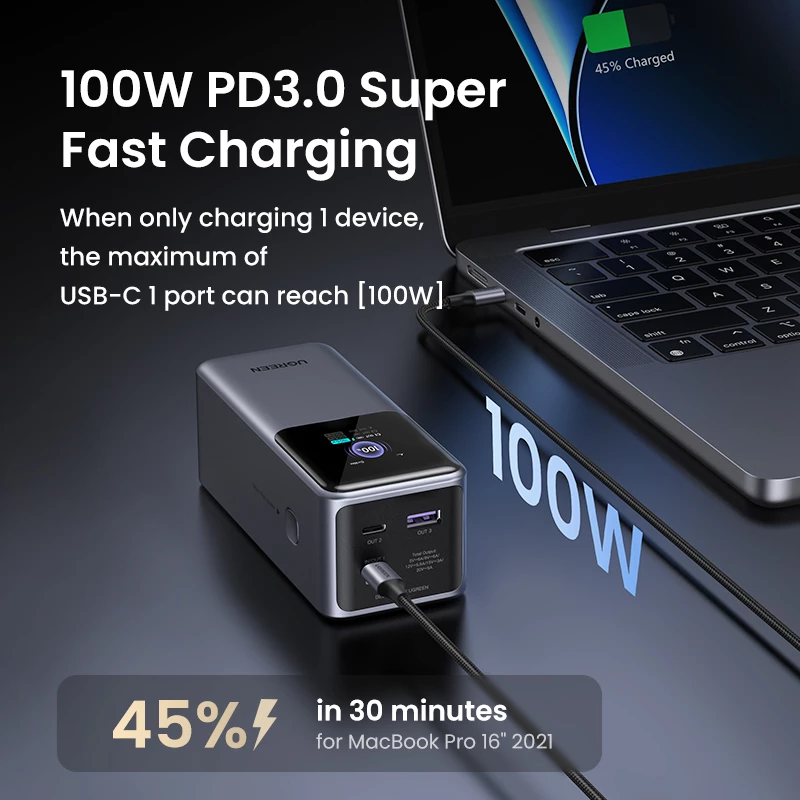 Ugreen 20000mAh 130W greitojo įkrovimo powerbankas, pilka spalva