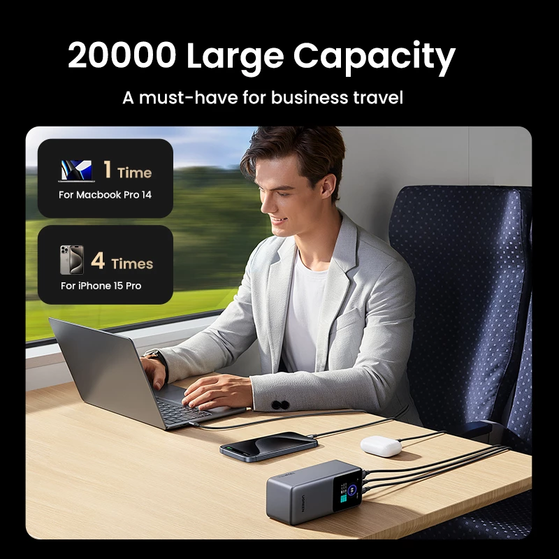 Ugreen 20000mAh 130W greitojo įkrovimo powerbankas, pilka spalva