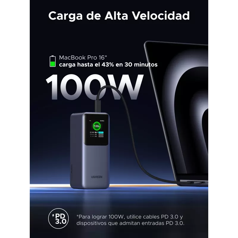 Ugreen 20000mAh 130W greitojo įkrovimo powerbankas, pilka spalva