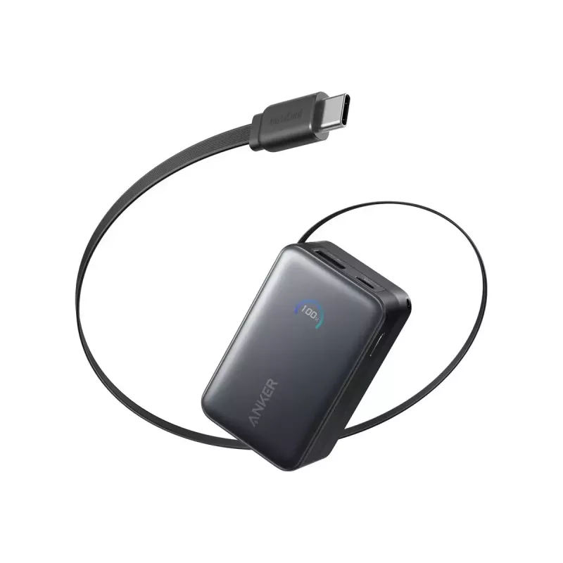 Power bank Anker Nano 45W su įtaisytu įtraukiamu USB-C laidu A1638H11 10000 mAh Juoda
