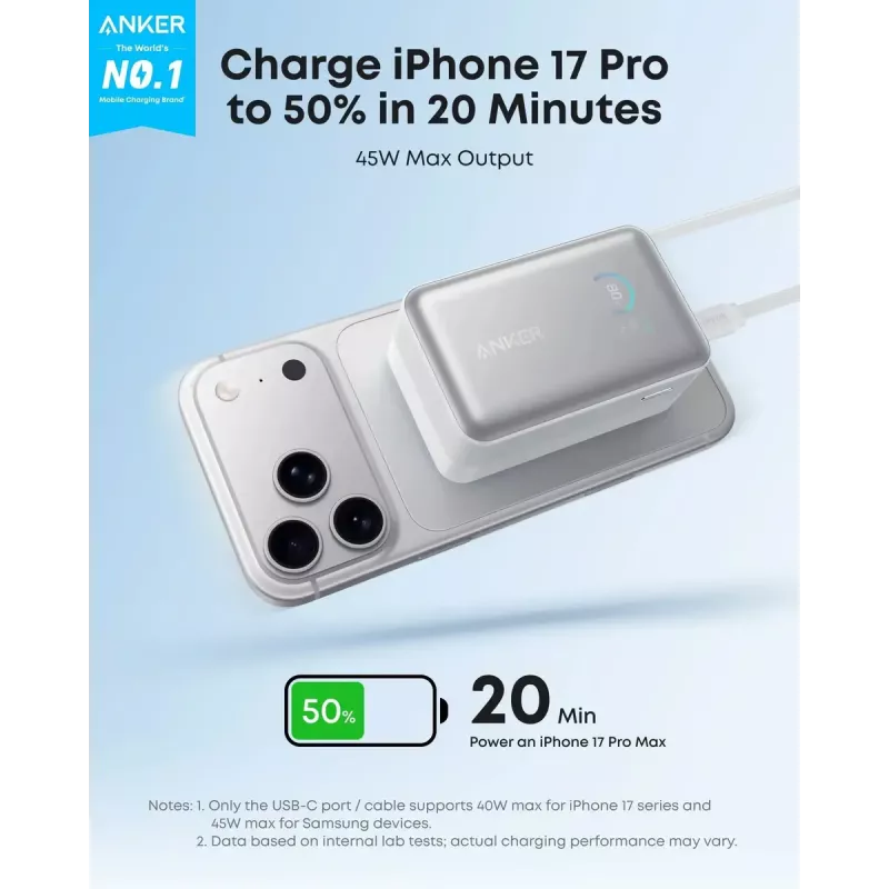Power bank Anker Nano 45W su įtaisytu įtraukiamu USB-C laidu A1638H11 10000 mAh Juoda