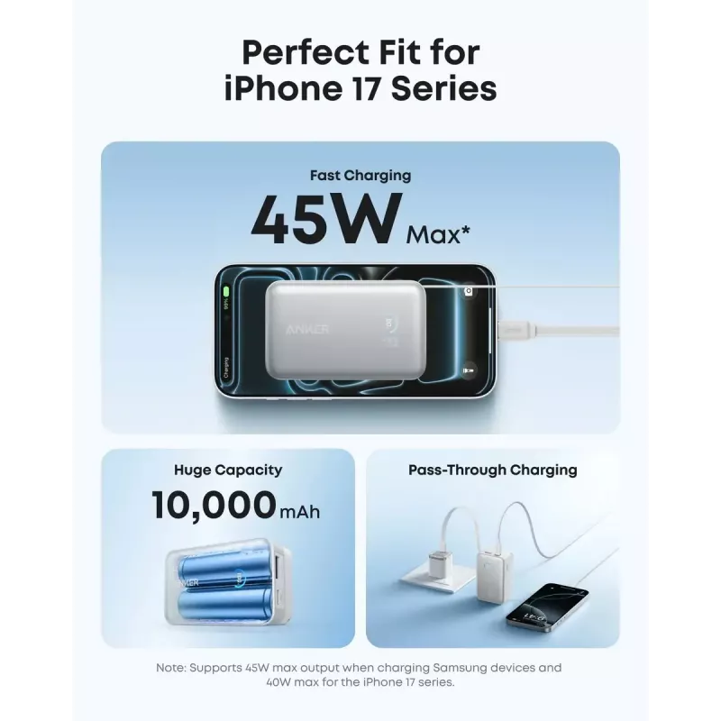 Power bank Anker Nano 45W su įtaisytu įtraukiamu USB-C laidu A1638H11 10000 mAh Juoda