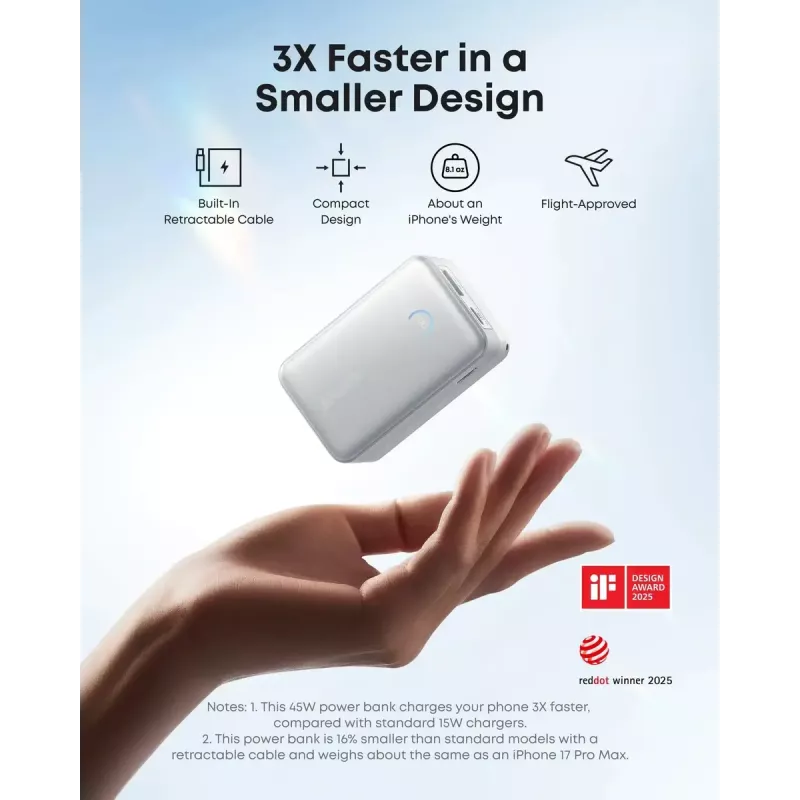 Power bank Anker Nano 45W su įtaisytu įtraukiamu USB-C laidu A1638H11 10000 mAh Juoda
