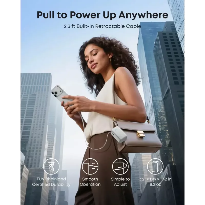 Power bank Anker Nano 45W su įtaisytu įtraukiamu USB-C laidu A1638H11 10000 mAh Juoda