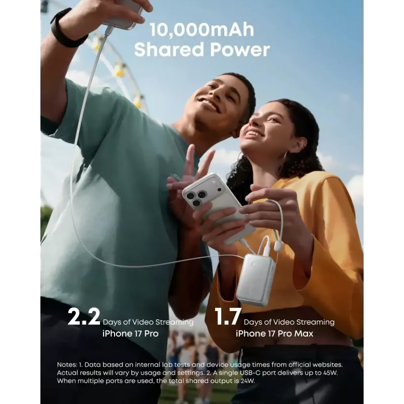 Power bank Anker Nano 45W su įtaisytu įtraukiamu USB-C laidu A1638H11 10000 mAh Juoda