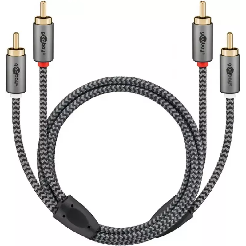 Garso laidas WENTRONIC Goobay 65293 — 2 m, 2×RCA vyriškas į 2×RCA vyriškas, varis, paauksuoti kontaktai, magnetinis ekranavimas, pilka
