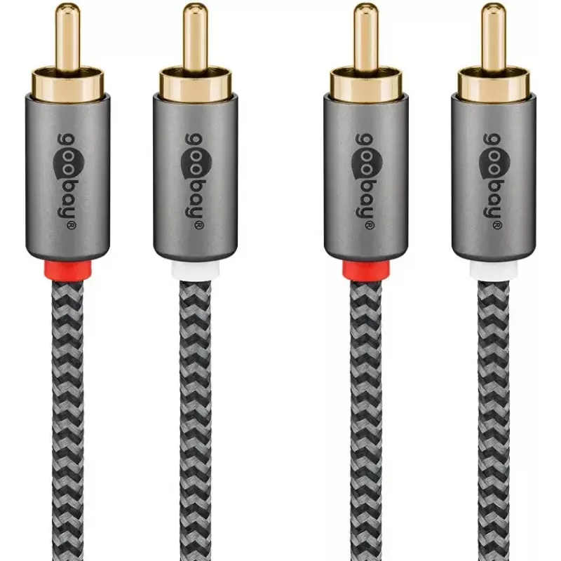 Garso laidas WENTRONIC Goobay 65293 — 2 m, 2×RCA vyriškas į 2×RCA vyriškas, varis, paauksuoti kontaktai, magnetinis ekranavimas, pilka
