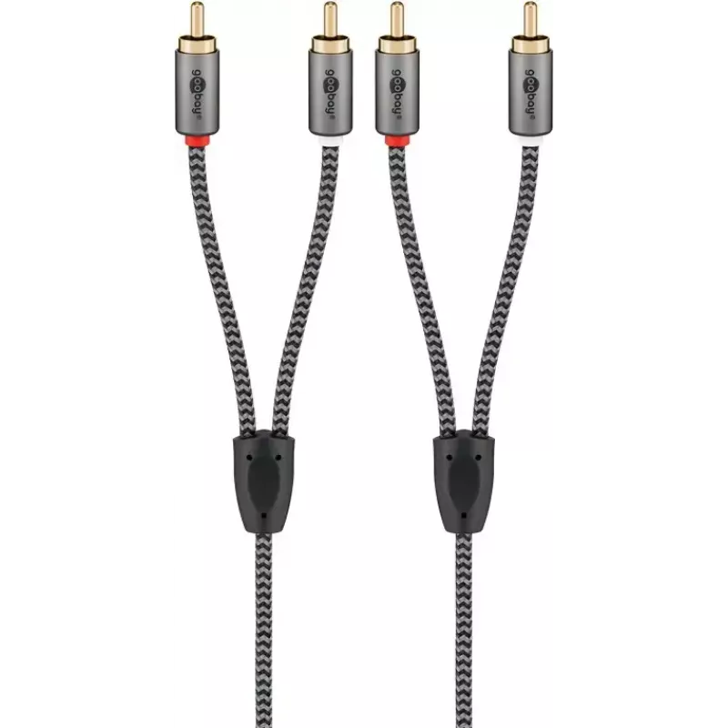 Garso laidas WENTRONIC Goobay 65293 — 2 m, 2×RCA vyriškas į 2×RCA vyriškas, varis, paauksuoti kontaktai, magnetinis ekranavimas, pilka