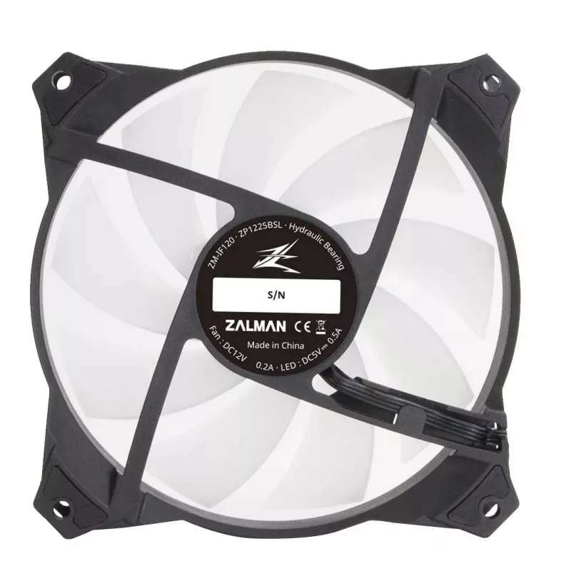 Zalman ZM-IF120 120 mm ventiliatorius pieno baltumo ARGB su begalybės efektu 1200 RPM 21,0 dB 55,2 CFM kompiuterio korpusui 12 cm