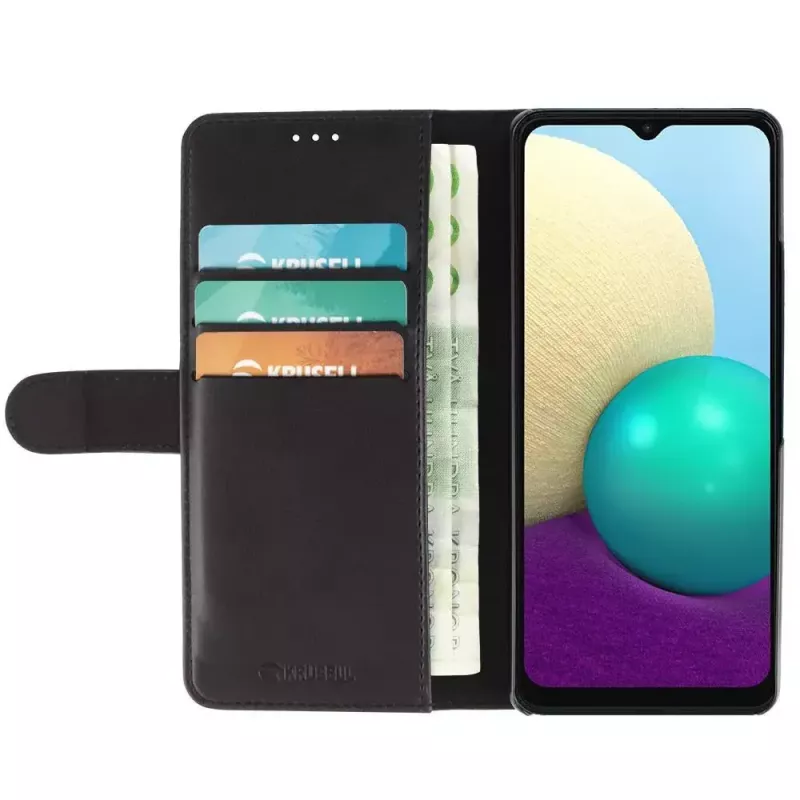 Dėklas-piniginė Krusell Galaxy A02 16,5 cm juoda 3 kortelių kišenės