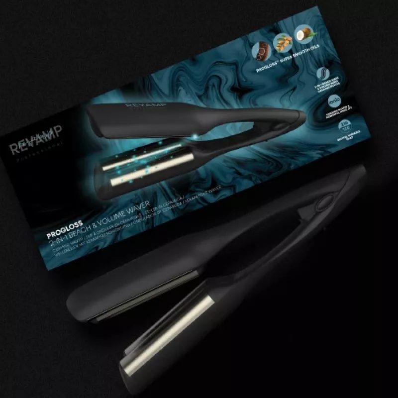 Revamp Progloss 2-in-1 Beach & Volume Waver garbanojimo lygintuvas Warm Black 3 m