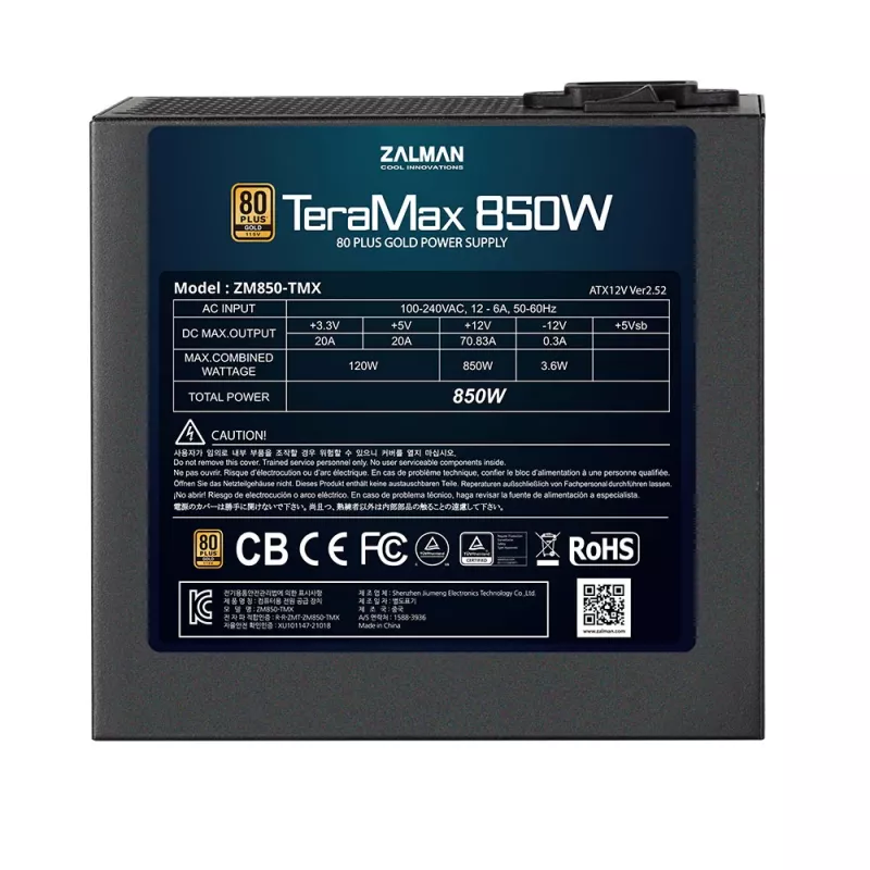 Zalman ZM850-TMX TerraMax 80 PLUS Gold maitinimo blokas 850W, visiškai modulinis, juodas