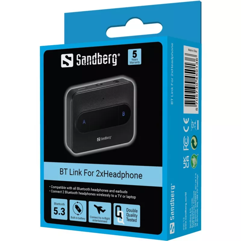 Sandberg Bluetooth siųstuvas 2x ausinėms belaidis Bluetooth 3.5 mm