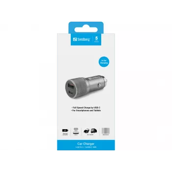 Sandberg automobilinis įkroviklis 1xQC3.0+1xUSB-C 48W, cigarečių degtukas, 12 V, Metalinis