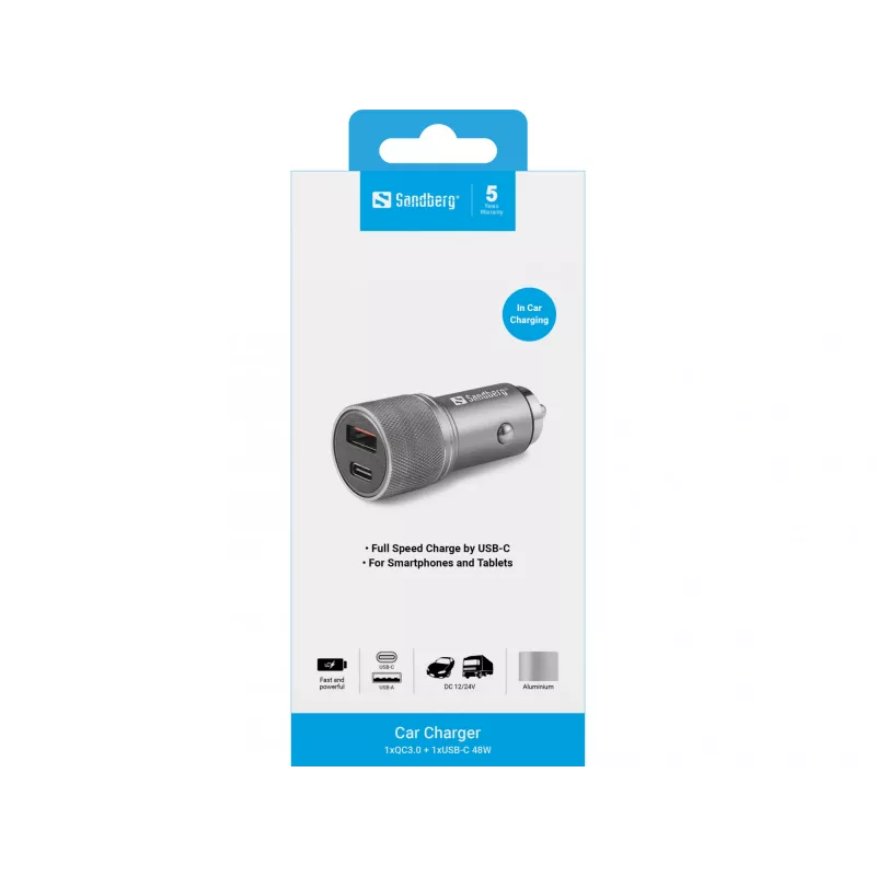 Sandberg automobilinis įkroviklis 1xQC3.0+1xUSB-C 48W, cigarečių degtukas, 12 V, Metalinis