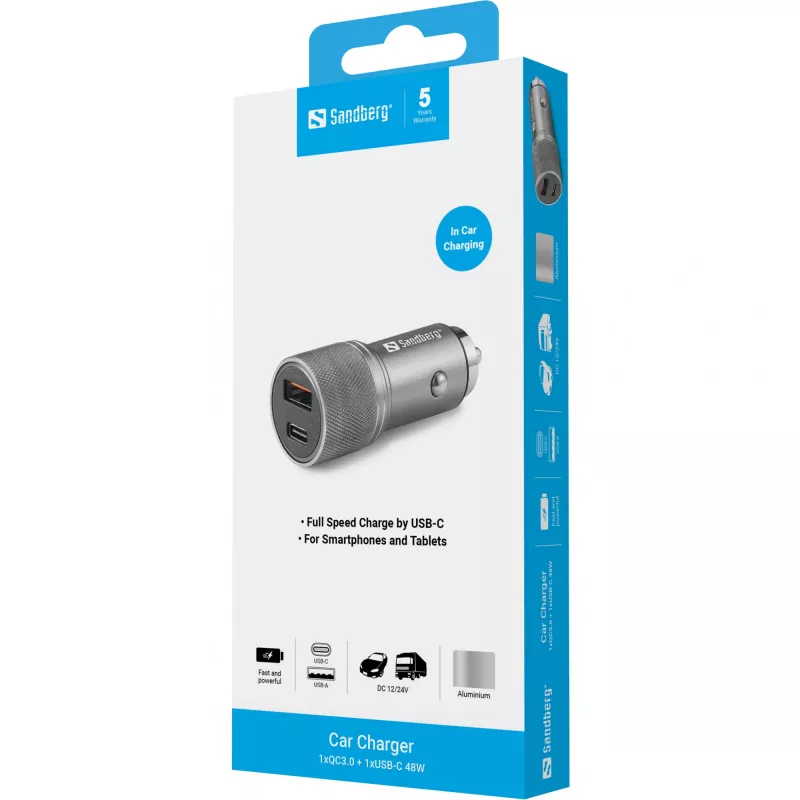 Sandberg automobilinis įkroviklis 1xQC3.0+1xUSB-C 48W, cigarečių degtukas, 12 V, Metalinis