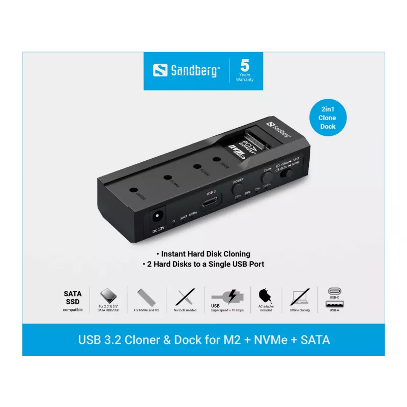 Sandberg USB 3.2 klonavimo stotelė ir dokas M2 NVMe / M2 SATA / 2.5 inch / 3.5 inch SATA diskams