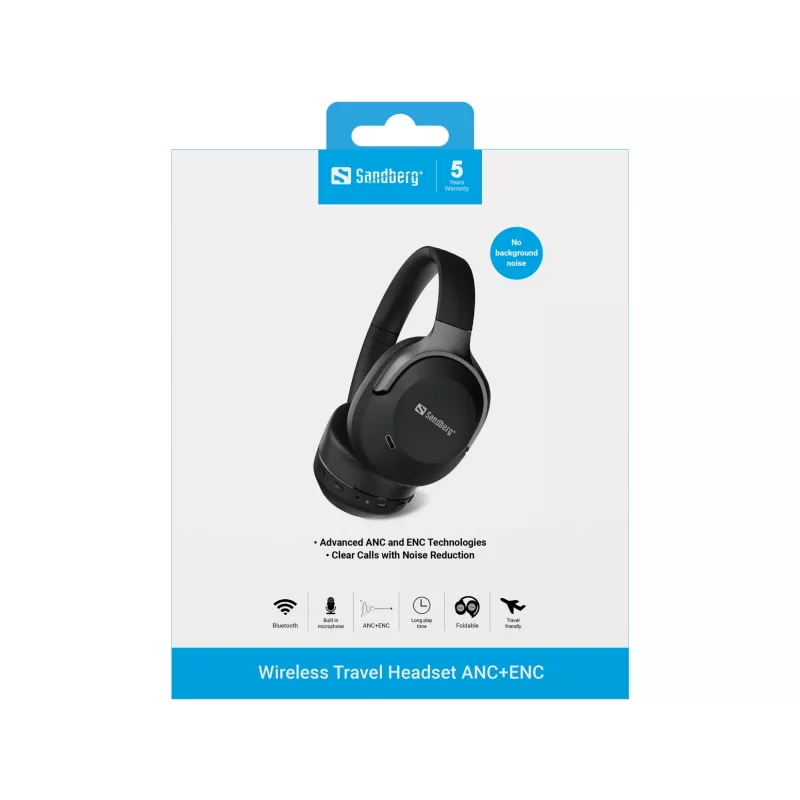 Sandberg Wireless Travel Headset ANC+ENC, belaidės, skambučiams/muzikai, 228 g, ausinės, juodos