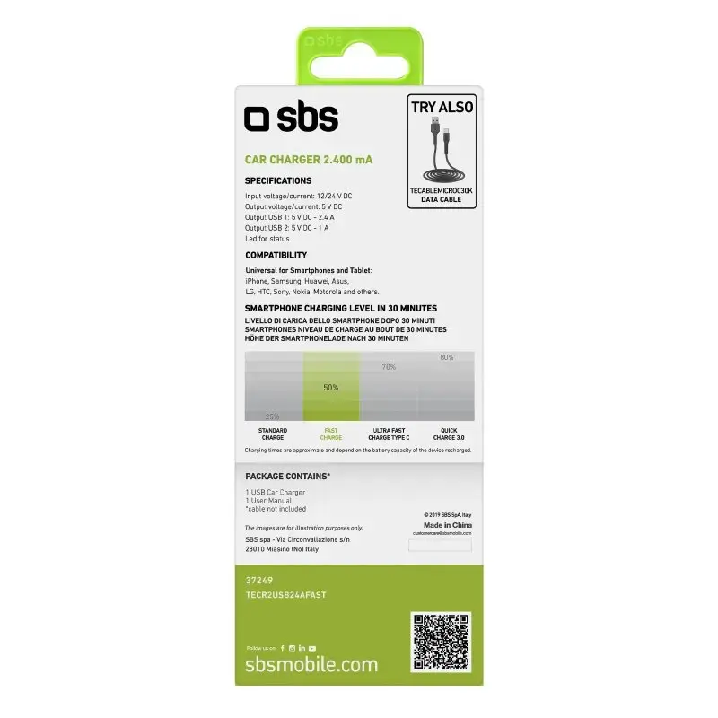 Automobilinis USB įkroviklis SBS Mobile TECR2USB24AFAST – 2×USB, 2,4 A, juodas