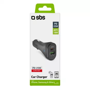 Automobilinis įkroviklis SBS Mobile TECRPD25W – cigarečių degtuko lizdui, 12–24V, 1×USB-A, 1×USB-C, greitas įkrovimas, juodas