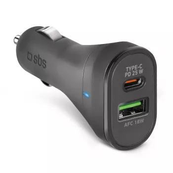 Automobilinis įkroviklis SBS Mobile TECRPD25W – cigarečių degtuko lizdui, 12–24V, 1×USB-A, 1×USB-C, greitas įkrovimas, juodas