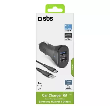 Automobilinis įkroviklio rinkinys SBS Mobile USB-Type-C, 2× USB 2.0 prievadai, 1 m laidas, 12 W, 12/24 V įėjimas, juodas