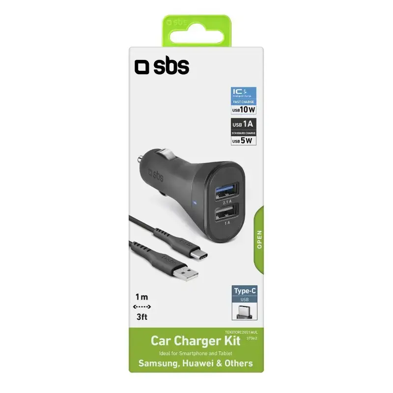 Automobilinis įkroviklio rinkinys SBS Mobile USB-Type-C, 2× USB 2.0 prievadai, 1 m laidas, 12 W, 12/24 V įėjimas, juodas
