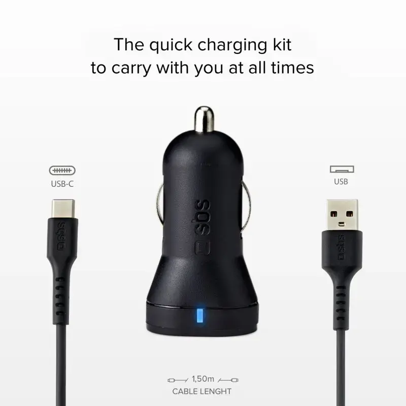 Automobilinis įkroviklio rinkinys SBS Mobile USB-Type-C, 2× USB 2.0 prievadai, 1 m laidas, 12 W, 12/24 V įėjimas, juodas