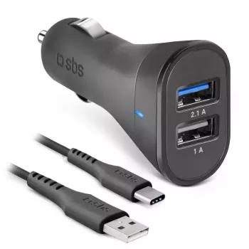 Automobilinis įkroviklio rinkinys SBS Mobile USB-Type-C, 2× USB 2.0 prievadai, 1 m laidas, 12 W, 12/24 V įėjimas, juodas